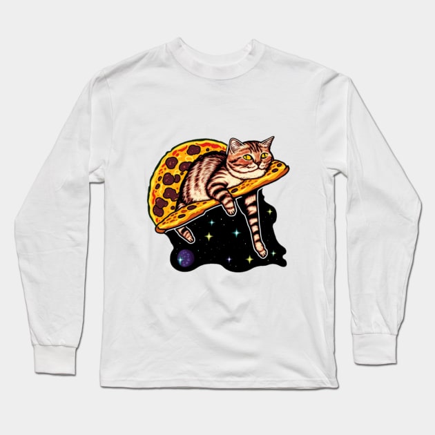 Tired cat riding a slice of pizza in space Long Sleeve T-Shirt by Zachariya420